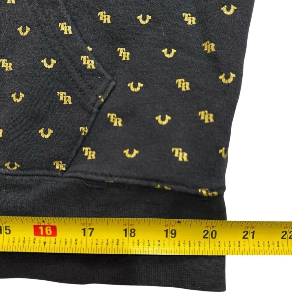 True Religion Monogram Pullover Hoodie Black Gold All Over Horseshoe Logo Mens L